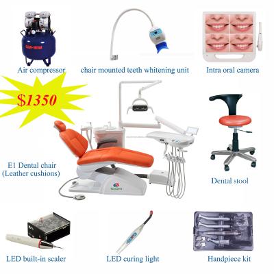 China Economical and Cheapest Full Set Metal Type Unit Dental Chair with Dentist Stool Scaler Treating Handpiece Light Air Compressor Camera for sale