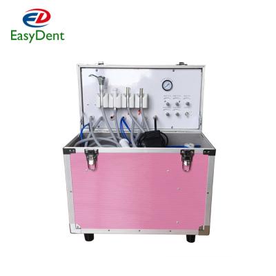 China Beautiful Metal Rose Color Portable Dental Unit With Oil Less Air Compressor Can Add Ultrasonic Scaler And LED Curing Light Handpiece for sale