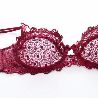 China QUICK DRY hollow out bra set 1/2 half cup embroidery ultra-thin transparent sexy women bra water soluble for sale