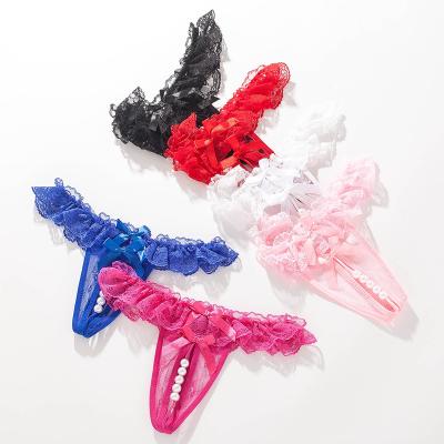 China Jinyu Crotchless Faux Pearl Lace Bowknot Antibacterial Sexy Women Thongs Briefs Panties G-String for sale