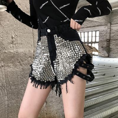 China QUICK DRY Rivet Denim Shorts 2022 Summer Spring Women High Waist Loose Tassel Jeans Shorts for sale