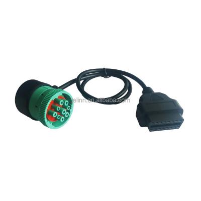 China Diagnostic Fault Code Green J1939 German 9-Pin Right Angle Female To J1962 OBD2 16 Pin Female Cable for sale