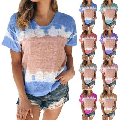 China Fashion Custom Women QUICK DRY Tie Dye Loose Colorful Print Round Neck Short Sleeve T-Shirt Blouse for sale