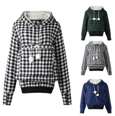 China New Anti-Wrinkle Plaid Large Casual Ladies Pocket Hoodie Plus Size Women Long Sleeve Pullover Hoodies for sale