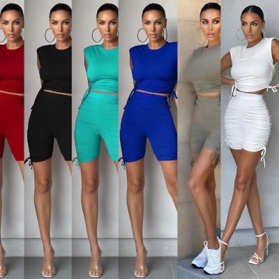 China Casual Fashion Plus Size Women's Solid O-Neck Pleated Sleeveless Sport Tracksuits Sets Fashionable Lady Two Pieces Set for sale