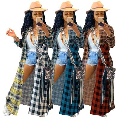 China 2021 fashion plus size viable coated color lattice patchwork women coat cardigan along for woman coats for sale