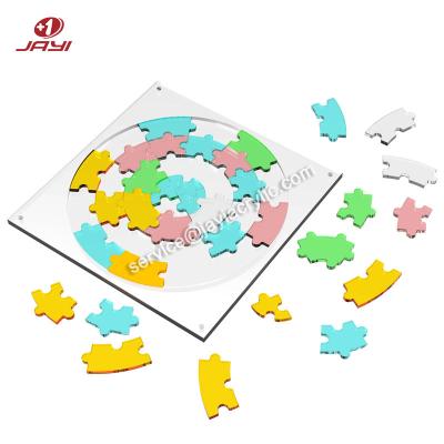 China JAYI Environmental Friendly Laser Cut Round Colorful Educational Toy Game Circular Acrylic Jigsaw Jigsaw Puzzle With Dust Cover for sale