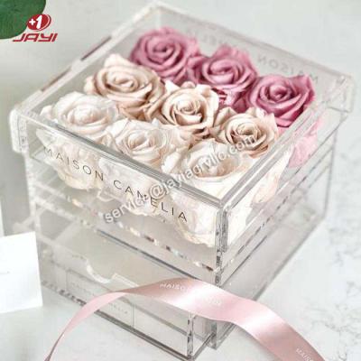 China Luxury Gift JAYI Clear Acrylic Preserved 9 25 Box Rose Flowers Box Rose Gift Box With Drawer for sale