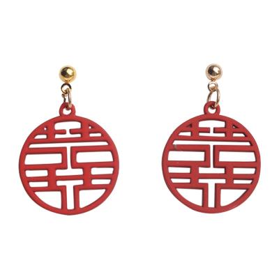 China Lucky Chinese Style Text Hollow Blessing Word Hi Earrings Female Retro Style CLASSIC Red Earrings for sale