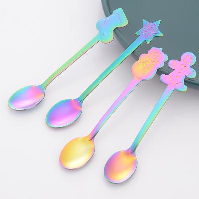 China Viable Christmas Fancy Decoration Handle Dessert Metal Spoon Stainless Steel Cute 4pcs Teaspoon Set With Gift Box for sale