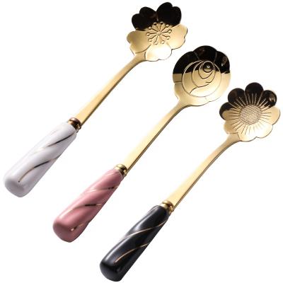 China Small Stainless Steel Spoon Handle Ceramic Viable Dessert Tea Cherry Blossoms Rose Flower Shape Teaspoon for sale