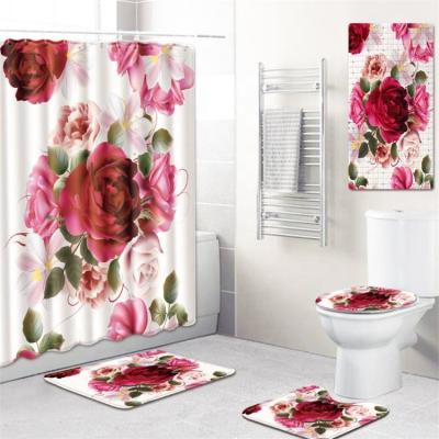 China Sustainable 3D Printed Shower Curtain, Floral Shower Curtain Set with Floor Mat, Custom Washable Shower Curtains for sale