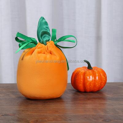 China Eco-friendly Orange Pumpkin Pouch Drawstring Ribbon Bag Halloween Decorations Thick Velvet Halloween Bag for sale