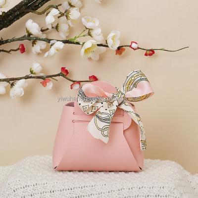 China Eco-Friendly Newcomer Diy Personalized Small Pink PU Leather Birthday Party Wedding Favors Gift Candy Box Bag Handbag With Silk Bowknot for sale