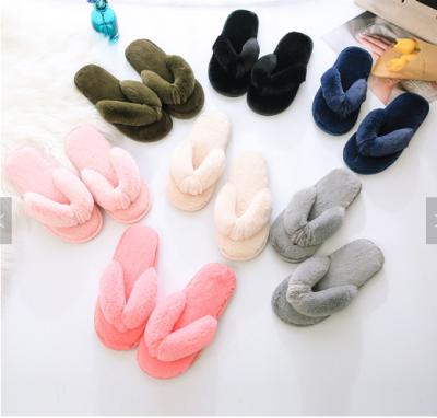 China OEM Ladies Winter Faux Fur Flip Flop Terry Cloth Thong Slippers Warm Home Light Plush Indoor Slippers for sale