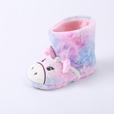 China Anti-slippery Kids Fall Winter Snow Booties Slippers Unicorn Faux Fur Unisex Warm Indoor Boots for sale