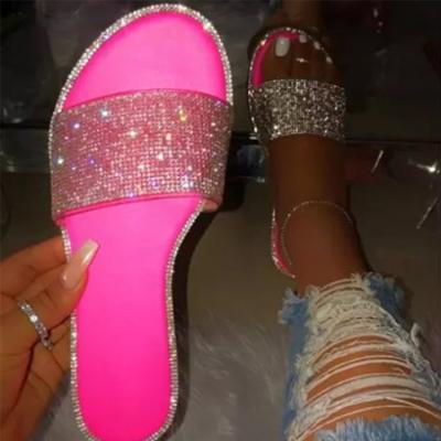 China Fashional Women Flat Girls Neon Pink Slider, New Designs Flat Sandals For Women With Diamonds Women's Sandals for sale