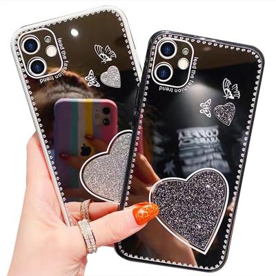 China Aesthetic Anti-fall Makeup Mirror Cases For iphone 12 Pro Phone Plastic Back Cover Case Max Red Glitter for sale