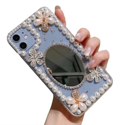 China Anti-fall luxucy gold foil glitter pearl drops stick transparent pearl flower makeup mirror case for xiaomi 11 for sale