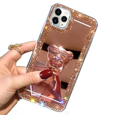 China Shockproof Aesthetic Rhinestone Phone Case With Kickstand Finger Rings Pretty Girl Makeup Mirror Case for sale