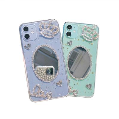 China Gold foil glitter shockproof bling pearl drops transparent glue case cover with love crown makeup mirror for sale