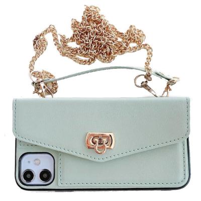 China Hot Selling Amazon Anti-fall Leather Cross - Body Purse Wallet Handbag Cell Phone Case For iPhone 12 Pro Max With Handy Ketten Chain Wrist Strap for sale