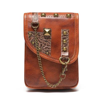 China Fashion Rivet Waist Bag Women Pocket Mobile Phone Outdoor Genuine Leather Anti-theft Bag With Chain Belt Money Lady Bag for sale