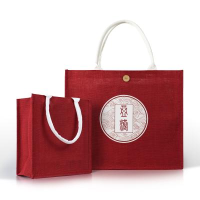 China Wholesale Custom Natural Recycled Shopping Handled Tote Jute Bag With Red Logo for sale