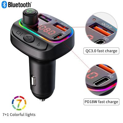 China Factory outlet palladium fast charging car mp3 player multifunctional colorful car lights QC3.0 fm transmitter with Bluetooth car charger for sale