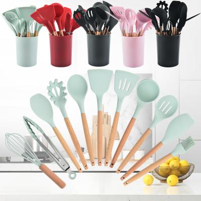 China Wooden 12 Piece Sustainable Set Handle Silicone Barreled Kitchen Utensils Storage Cook Spoon Shovel 11 Piece Set for sale