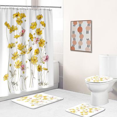 China Multiple specifications Fresh flowers hand-painted polyester printing waterproof floor mat shower curtain for sale