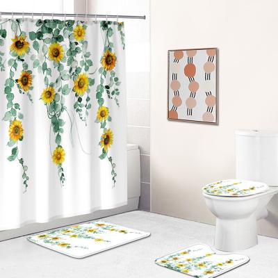 China Fresh flowers hand-painted polyester printing waterproof floor mat shower curtain set for sale