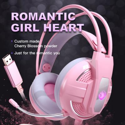 China Earphone Girl Pink Headset Headset Computer 7.1 Channel Noise Canceling USB Gaming Headphones With MIC And LED For PC Gamer for sale