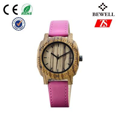 China Fashionable Bewell Wooden Watch With Pink Leather Band And Laser Logo for sale