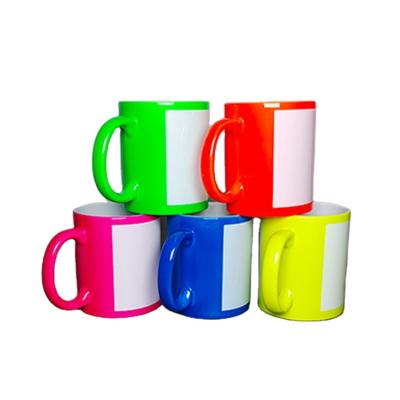 China Viable Coated Sublimation White Patch Ceramic Full Color Fluorescent Matte Sublimation Mug 11 Ounce Empty Coffee Mug for sale