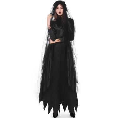 China Anti-pilling New Arrival 2021 Halloween Hallows All Day Dress Set Cosplay Long Sleeve Solid Black Witch Dress Set For Women Vampire Bride for sale