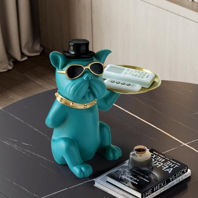 China Creative Metal Tray Northern Europe Bulldog Resin Animal Figurine Ornaments Storage Trays Dog Statue Sculpture Home Key Decorations for sale