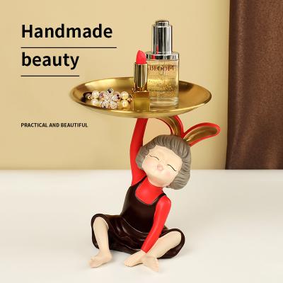 China Minimalist girl statue with color metal tray resin tray ornaments storage candy cosmetic and bronze dessert tray for sale