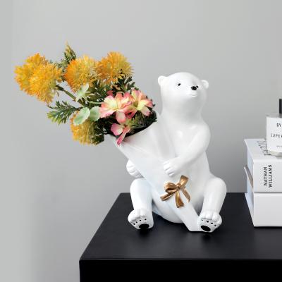 China Minimalist animal vase resin flower vase creative white desktop home decoration for polar bear art vase for sale