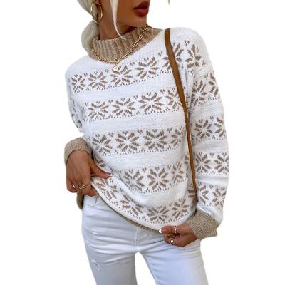 China 2021 breathable European and American foreign trade women's high neck sweater half knitted Christmas snowflake sweater blouse for sale