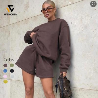 China 2021 New Fashion Women's Two-piece Loose Round Top Shorts Long Sleeved Casual Sweater Anti-pilling Neck Suit for sale