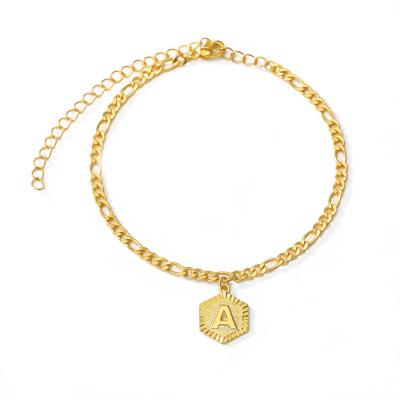 China TRENDY Women's 18K Gold Plated Stainless Steel Hexagon 26 Alphabet Initial Letter English Slave Anklet for sale