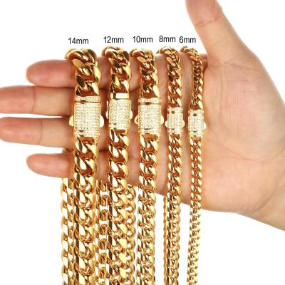 China Men's Trendy Gold 6mm 8mm 10mm 12mm Diamond Spring Clasps Miami Cuba 14mm Loose Link Chain and Bracelet for sale