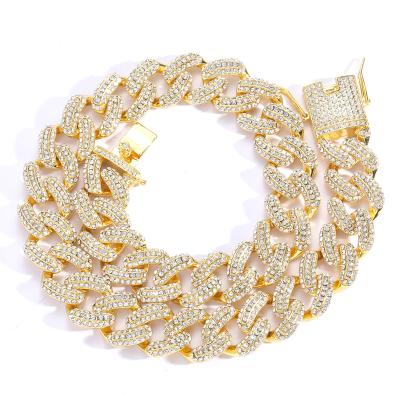 China New FASHIONABLE hip-hop 19mm three-row iced out rhinestone bossy men's zinc alloy heavy gold Cuban chain for sale