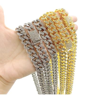 China TRENDY 12mm Gold Silver Rhinestone Neck Chains For Jewelry 18k Miami Zinc Alloy Chunky Cuban Chain Necklace for sale