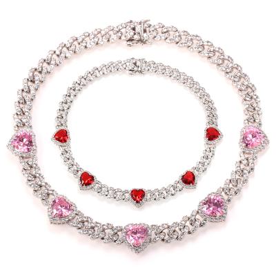 China Hiphop Mother's Day Gift Women 9mm Color Heart Iced Out Bling Diamond Tennis Cuban Link Choker Chain Necklace for sale