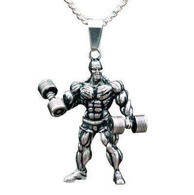 China Classic Stainless Steel Strong Dangling Chains Silver Fitness Men Dumbbell Man Muscle Hippie Necklace for sale