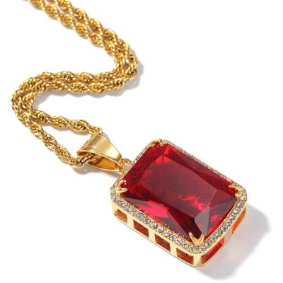 China Vintage Women's 24k Gold Plated Stainless Steel Big Red Black Green Square Diamond Stone Pendant Necklace for sale