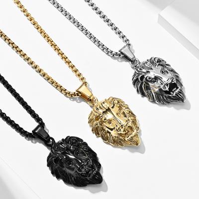 China Vintage Men's Stainless Steel pvd 18k Gold Plated Black Lion Head Necklace Pendant Jewelry for sale