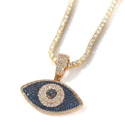 China New Design FASHIONABLE Turkish Iced Out Diamond CZ Blue Eye Hip Hop Pendant Gold Plated Necklace For Women for sale